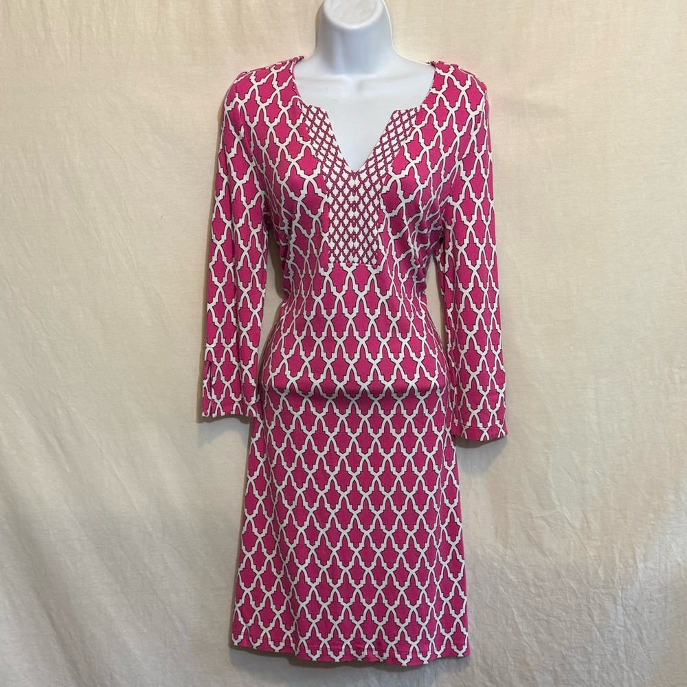 C-32 Crown & Ivy Pink White & Black 3/4 Sleeve MIDI Dress Size MP